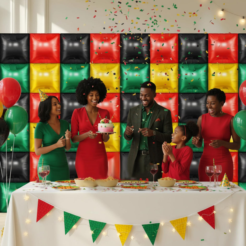 Charnoel 50 Pcs Double-Sided 19-Inch Square Foil Balloons – Red Black Green Gold for Black History Month & Juneteenth