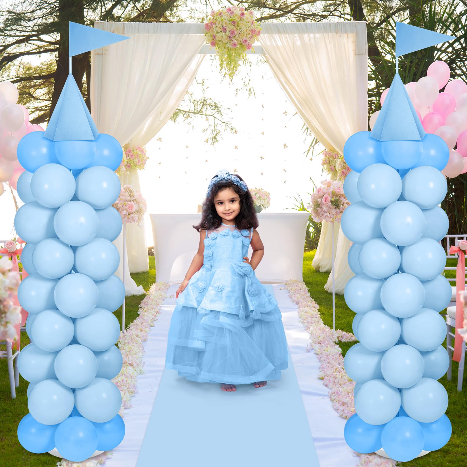 Charnoel 2 Sets Adjustable Blue Princess Castle Balloon Column Stand Kit - 140 Balloons