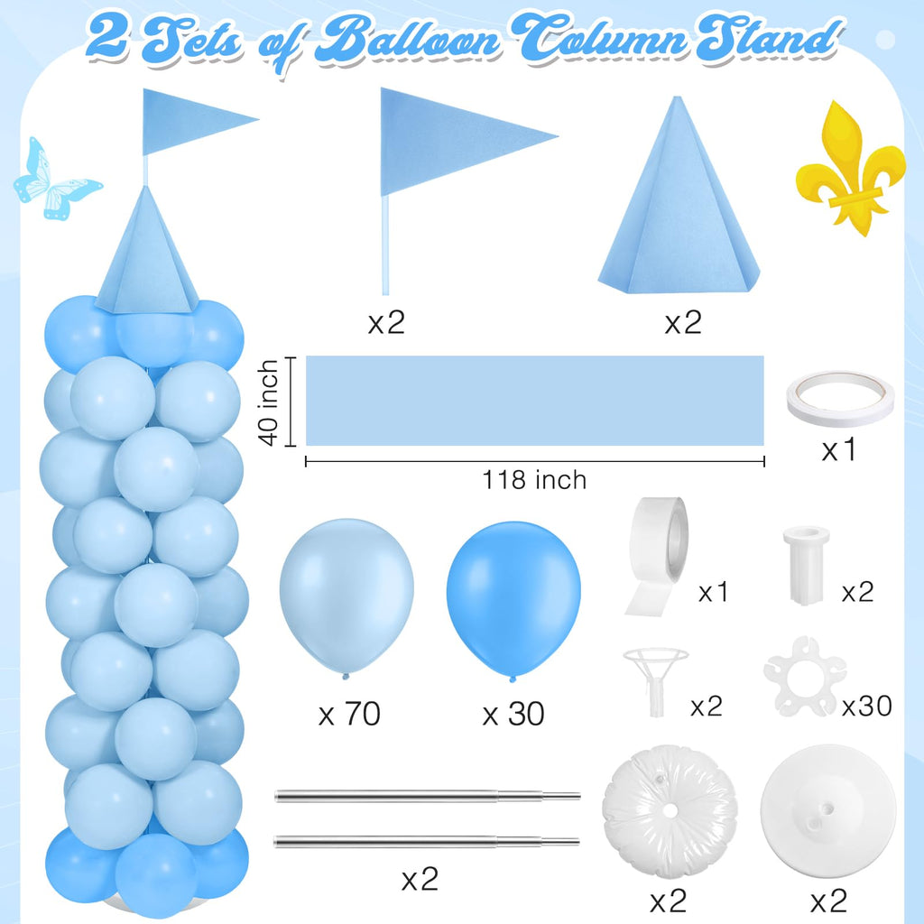 Charnoel 2 Sets Adjustable Blue Princess Castle Balloon Column Stand Kit - 140 Balloons