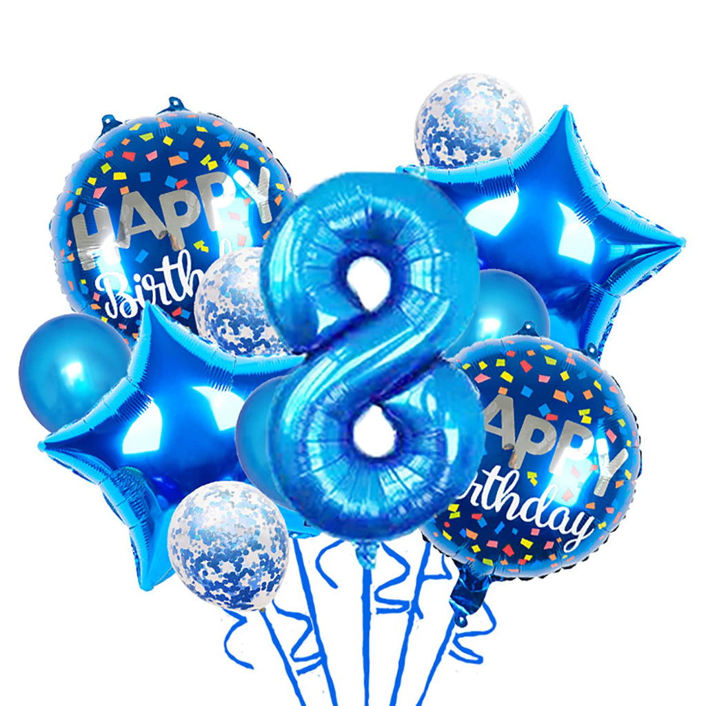 Chaungfu 11-Pcs Blue Foil Balloons for 8th Birthday – Confetti & Star Balloons Set