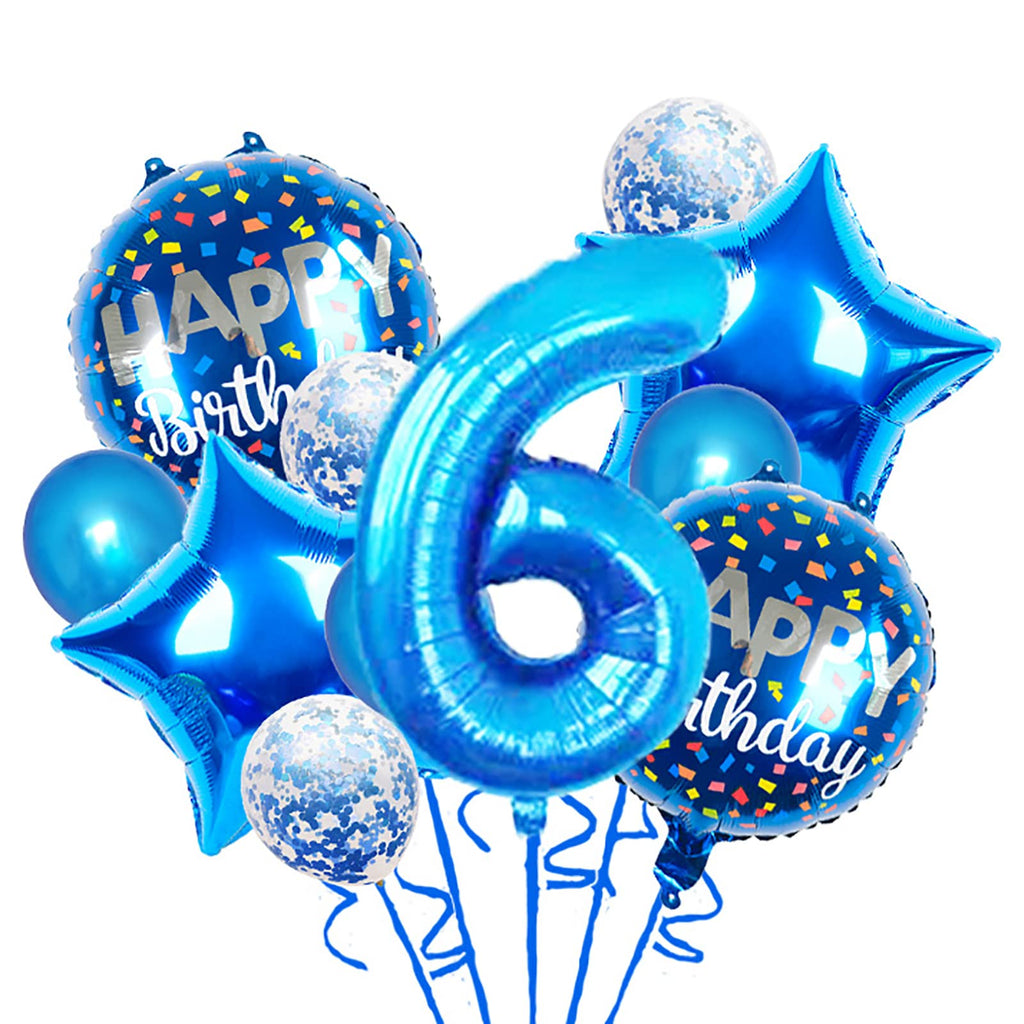 Chaungfu 11-Piece Blue 6th Birthday Balloon Set – Foil, Confetti, Stars & Latex for Kids Party