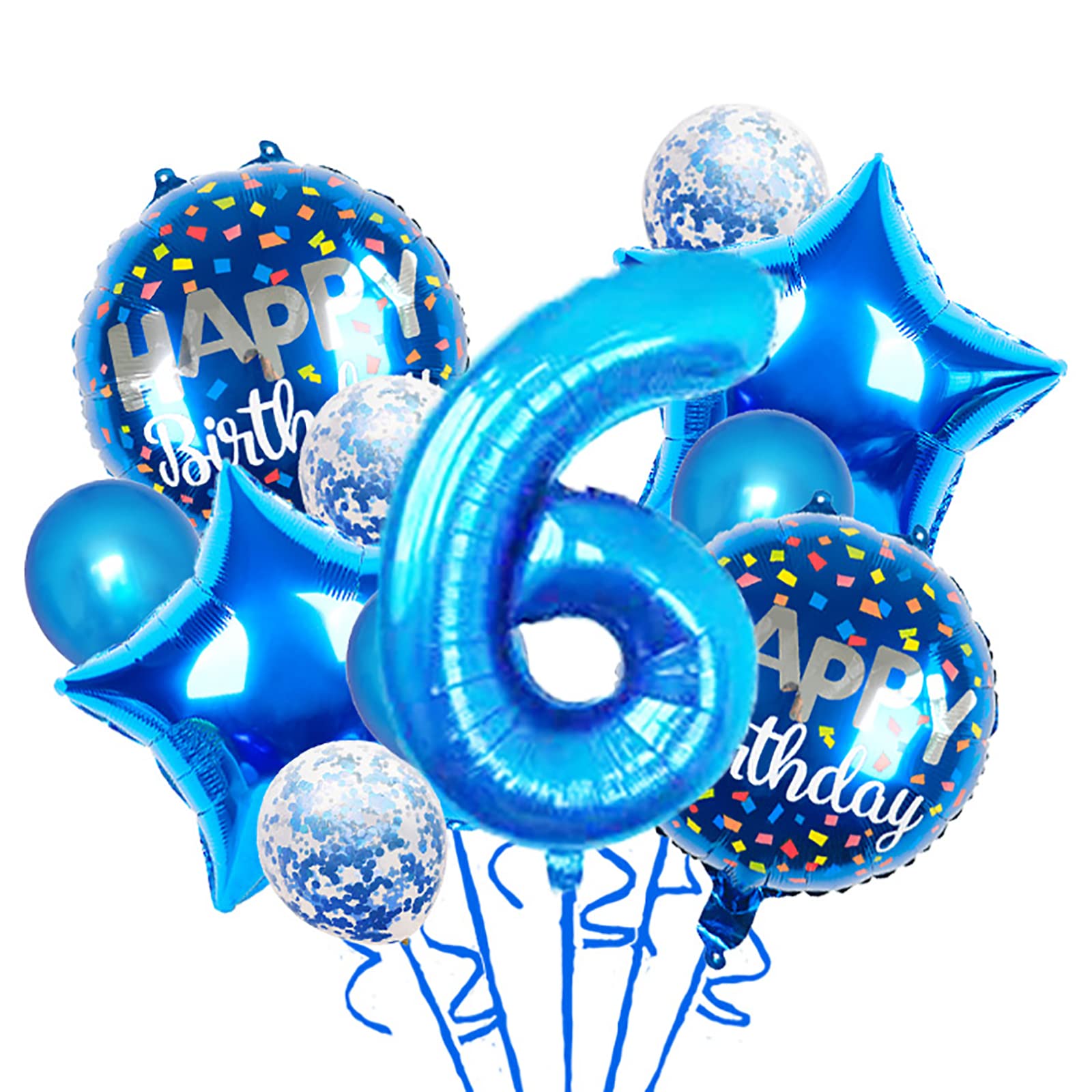 Chaungfu 11-Piece Blue 6th Birthday Balloon Set – Foil, Confetti, Stars & Latex for Kids Party