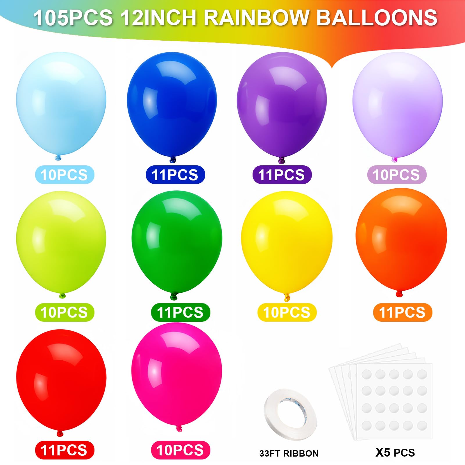 Chibon 105pcs Rainbow Latex Balloons – 12in Assorted Color Party Decor