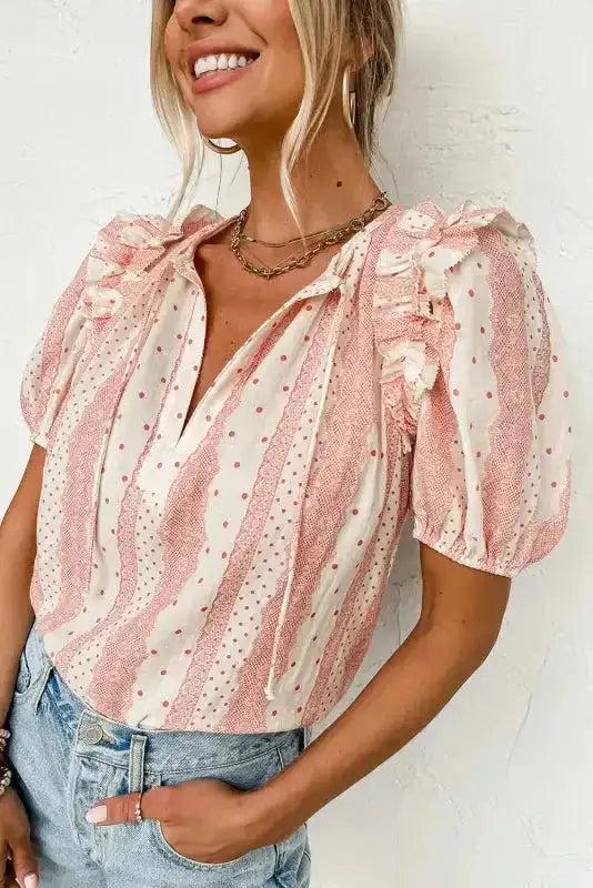 Polka Dot Puff Sleeve Tie Neck Blouse Women UK