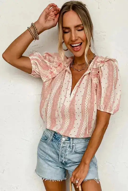 Polka Dot Puff Sleeve Tie Neck Blouse Women UK