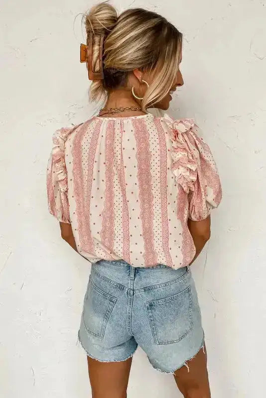 Polka Dot Puff Sleeve Tie Neck Blouse Women UK