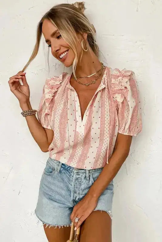 Polka Dot Puff Sleeve Tie Neck Blouse Women UK