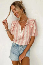 Polka Dot Puff Sleeve Tie Neck Blouse Women UK