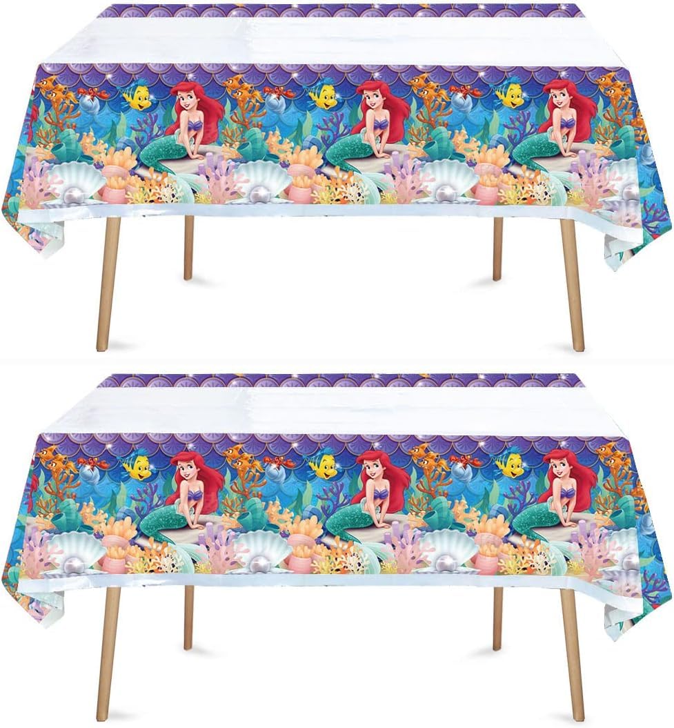 ChicRosa Little Mermaid Tablecloth 2pc – Waterproof 70x42 Rectangular Plastic Cover (Blue & Pink)