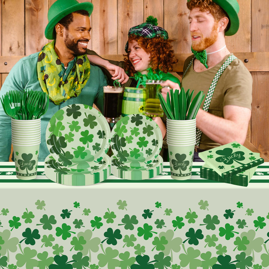 Childom St Patrick's Day 147-Pc Disposable Tableware Set with Green Tablecloth