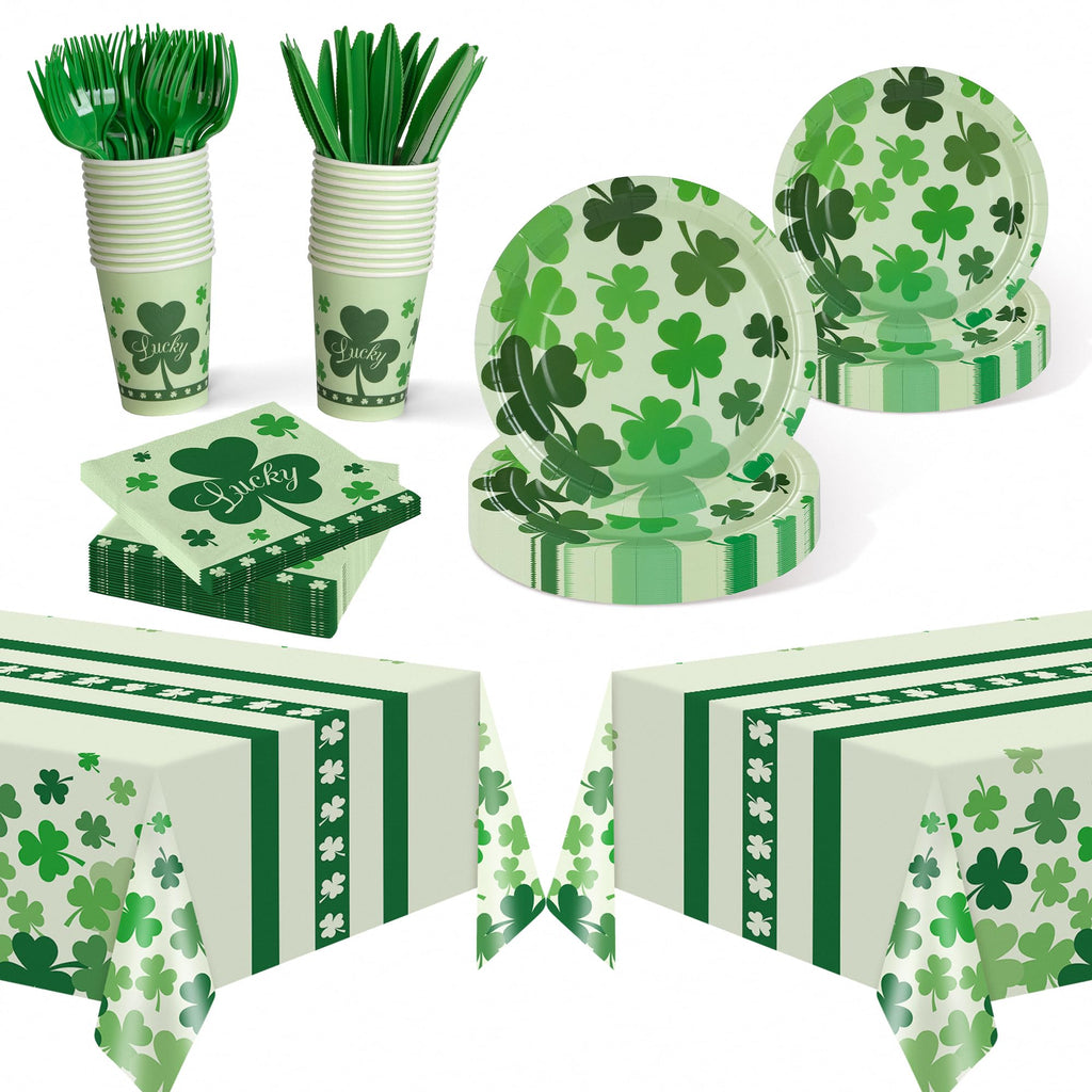 Childom St Patrick's Day 147-Pc Disposable Tableware Set with Green Tablecloth