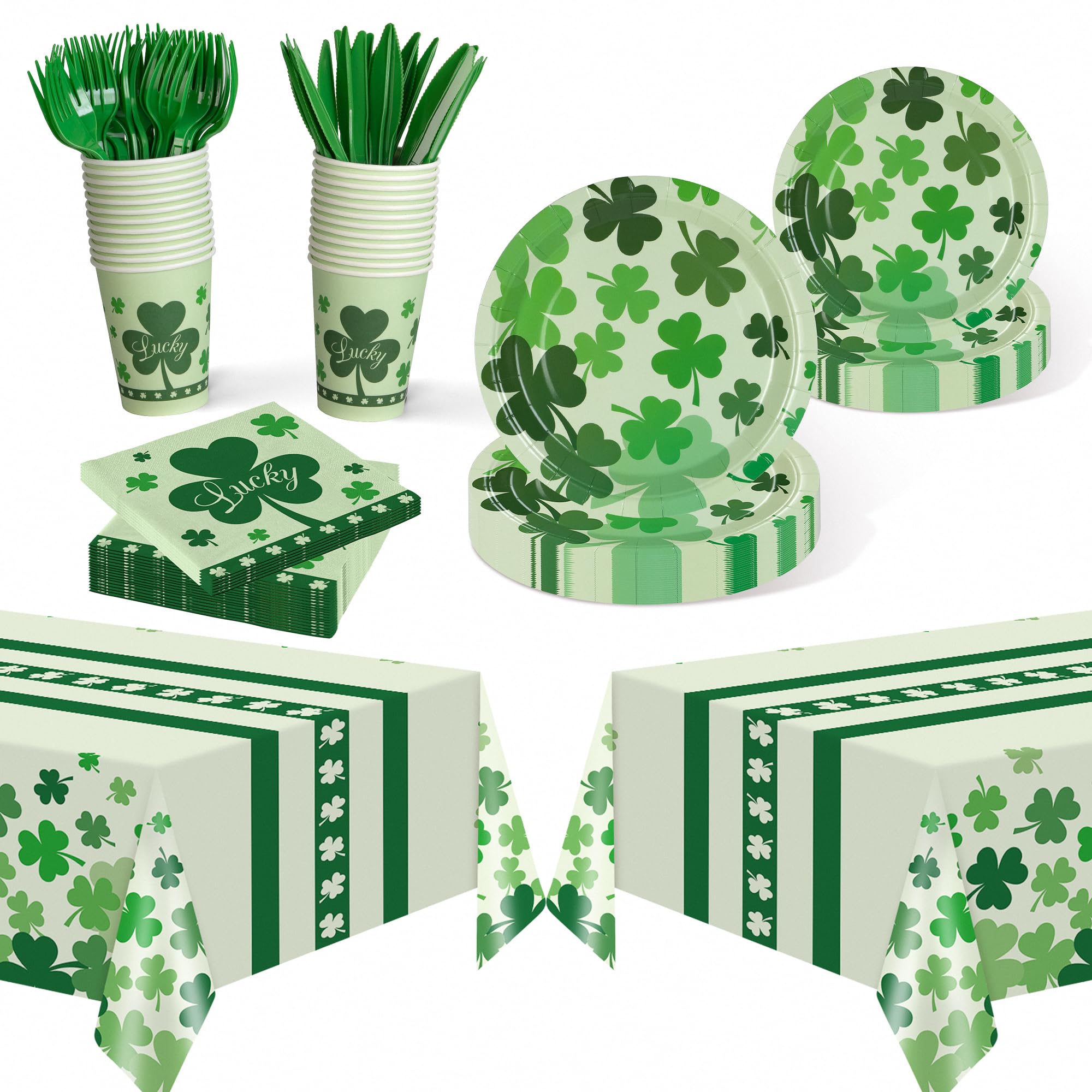 Childom St Patrick's Day 147-Pc Disposable Tableware Set with Green Tablecloth
