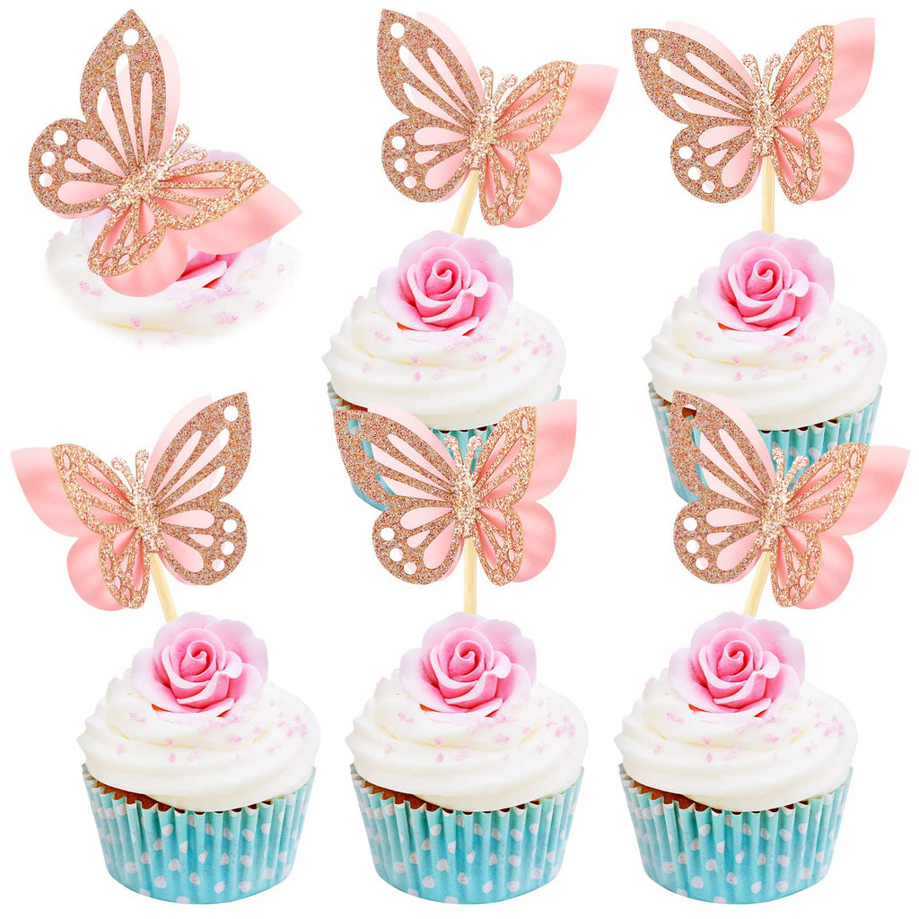 Chinco 48 Pcs Butterfly Cupcake Toppers - 3D Glitter Pink Double Layer Picks for Baby Shower, Wedding