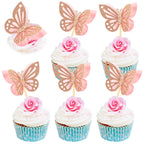 Chinco 48 Pcs Butterfly Cupcake Toppers - 3D Glitter Pink Double Layer Picks for Baby Shower, Wedding