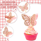 Chinco 48 Pcs Butterfly Cupcake Toppers - 3D Glitter Pink Double Layer Picks for Baby Shower, Wedding