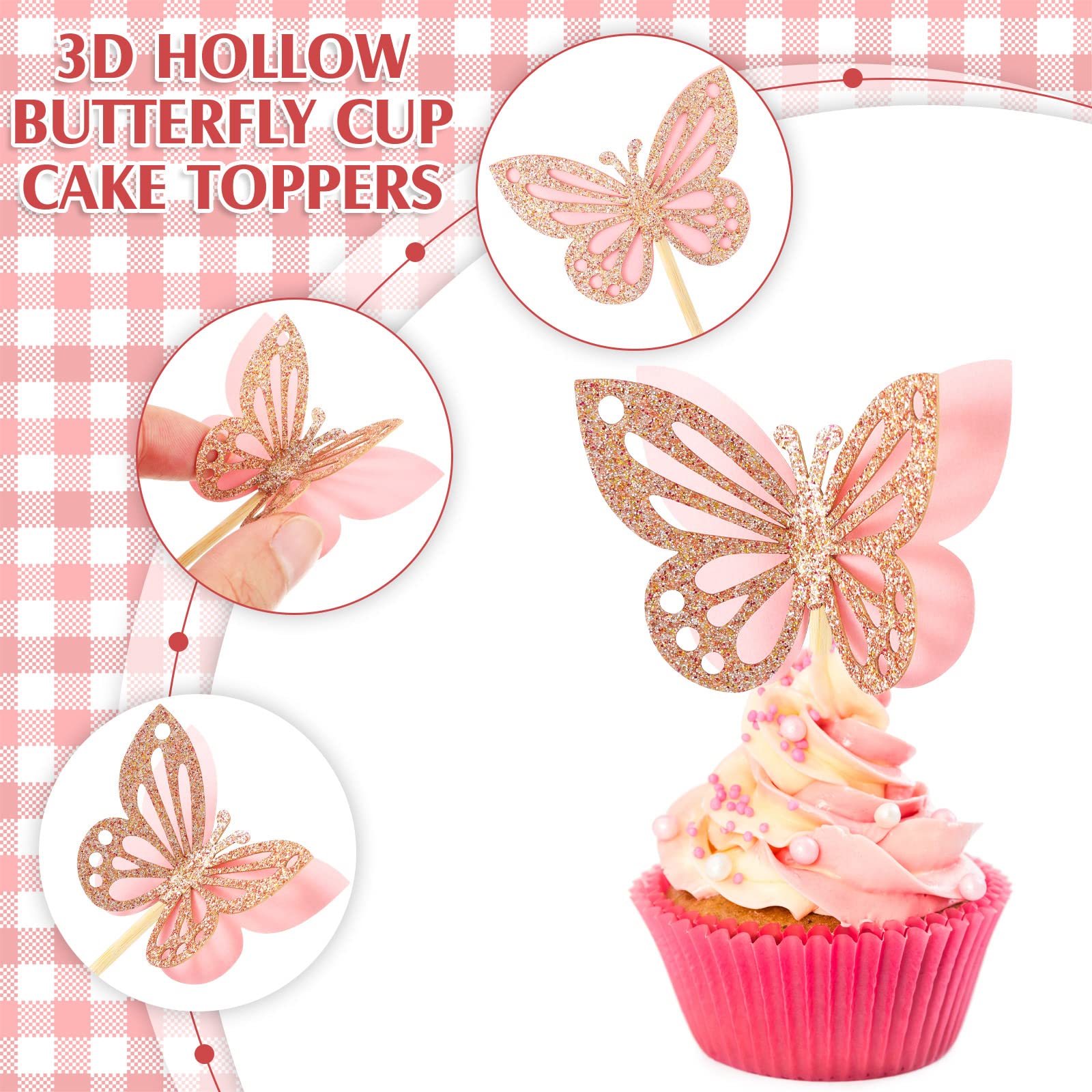 Chinco 48 Pcs Butterfly Cupcake Toppers - 3D Glitter Pink Double Layer Picks for Baby Shower, Wedding
