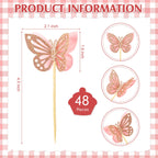 Chinco 48 Pcs Butterfly Cupcake Toppers - 3D Glitter Pink Double Layer Picks for Baby Shower, Wedding