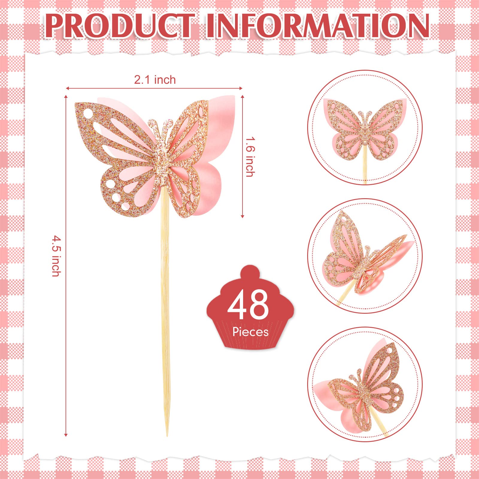Chinco 48 Pcs Butterfly Cupcake Toppers - 3D Glitter Pink Double Layer Picks for Baby Shower, Wedding