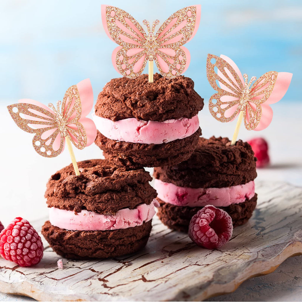 Chinco 48 Pcs Butterfly Cupcake Toppers - 3D Glitter Pink Double Layer Picks for Baby Shower, Wedding