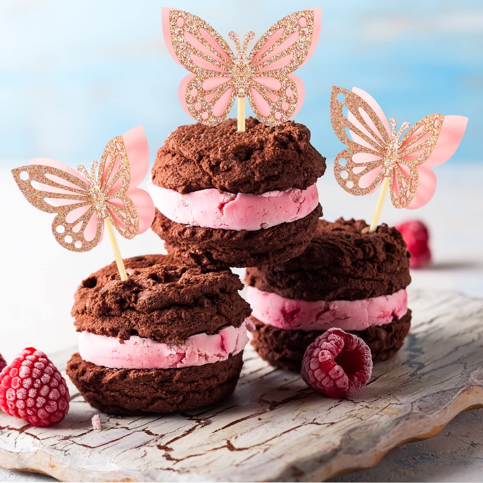Chinco 48 Pcs Butterfly Cupcake Toppers - 3D Glitter Pink Double Layer Picks for Baby Shower, Wedding