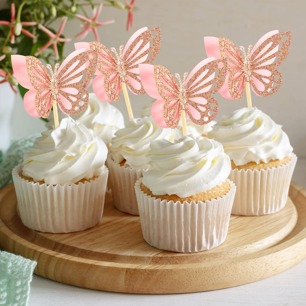 Chinco 48 Pcs Butterfly Cupcake Toppers - 3D Glitter Pink Double Layer Picks for Baby Shower, Wedding