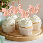 Chinco 48 Pcs Butterfly Cupcake Toppers - 3D Glitter Pink Double Layer Picks for Baby Shower, Wedding