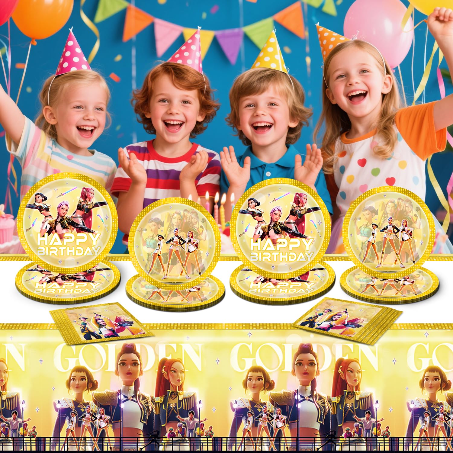 Chinovi Demon Hunters Birthday Decorations – 20 Plates, 20 Napkins & 1 Table Cover | K-Pop Party Supplies