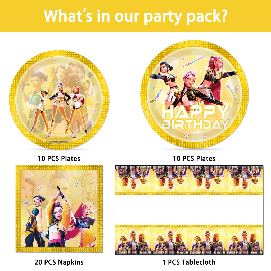 Chinovi Demon Hunters Birthday Decorations – 20 Plates, 20 Napkins & 1 Table Cover | K-Pop Party Supplies