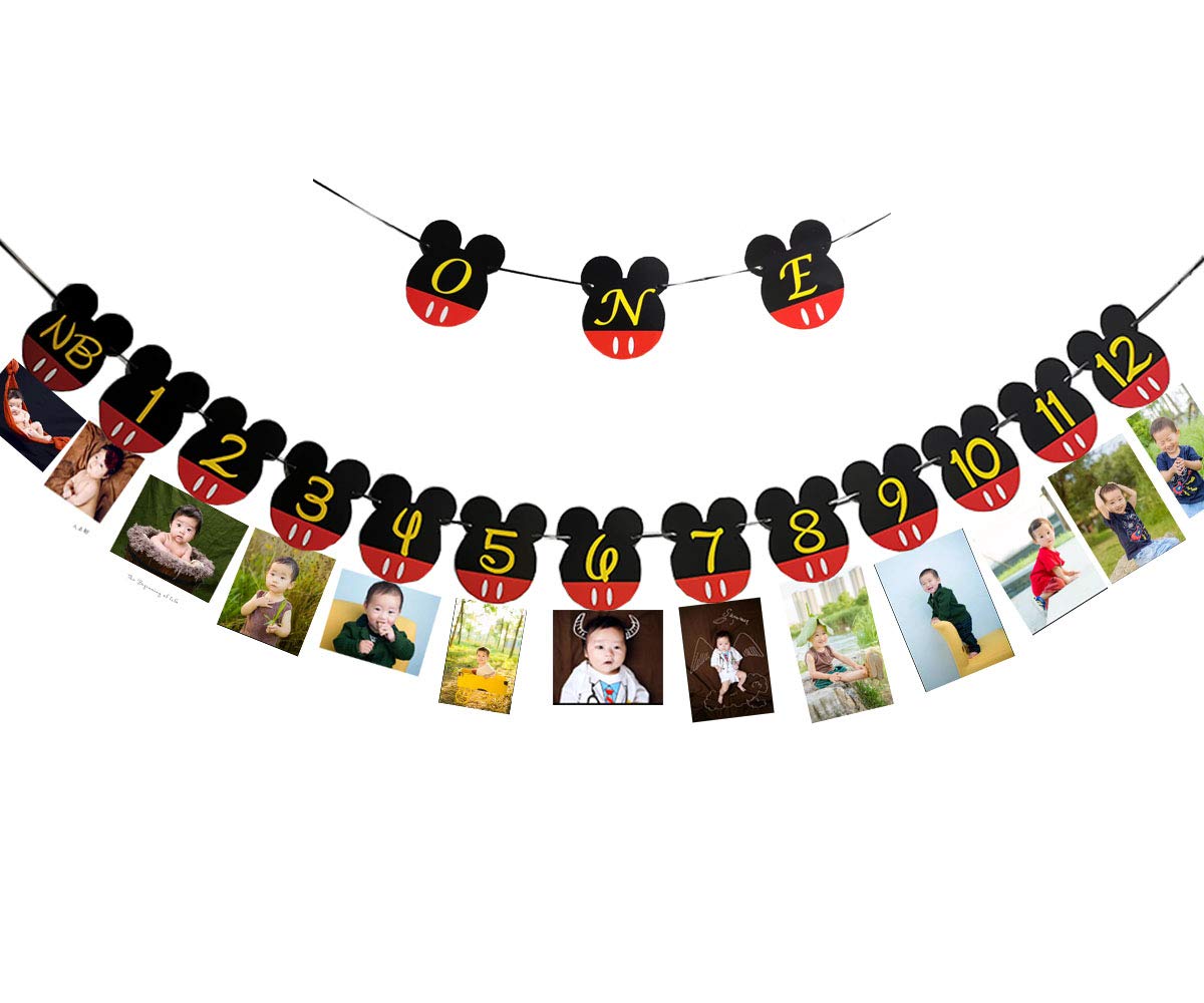 CHuangQi Mickey Themed Birthday Photo Banner & ONE High Chair Banner NB–12M