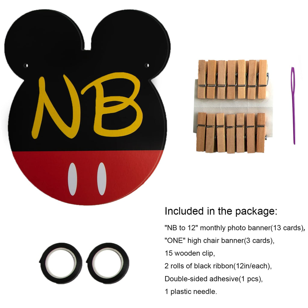 CHuangQi Mickey Themed Birthday Photo Banner & ONE High Chair Banner NB–12M