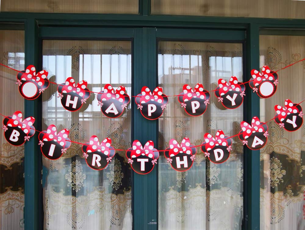 CHuangQi Minnie Banner – Red Bow Polka Dots, 15 Letters, 1st Birthday Decor