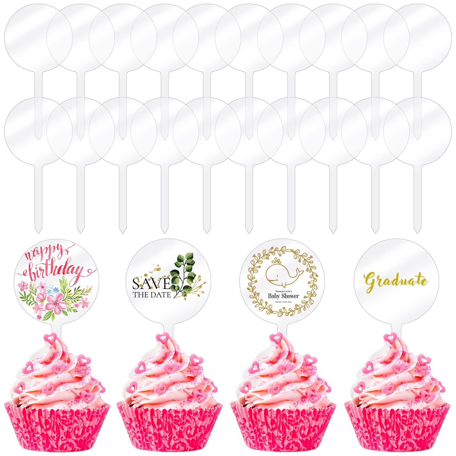 Chunful 30-Pack 2-Inch Circle Acrylic Cupcake Toppers with Sticks – DIY Blank Cake Decor for Birthday, Wedding, Easter & Baby Shower