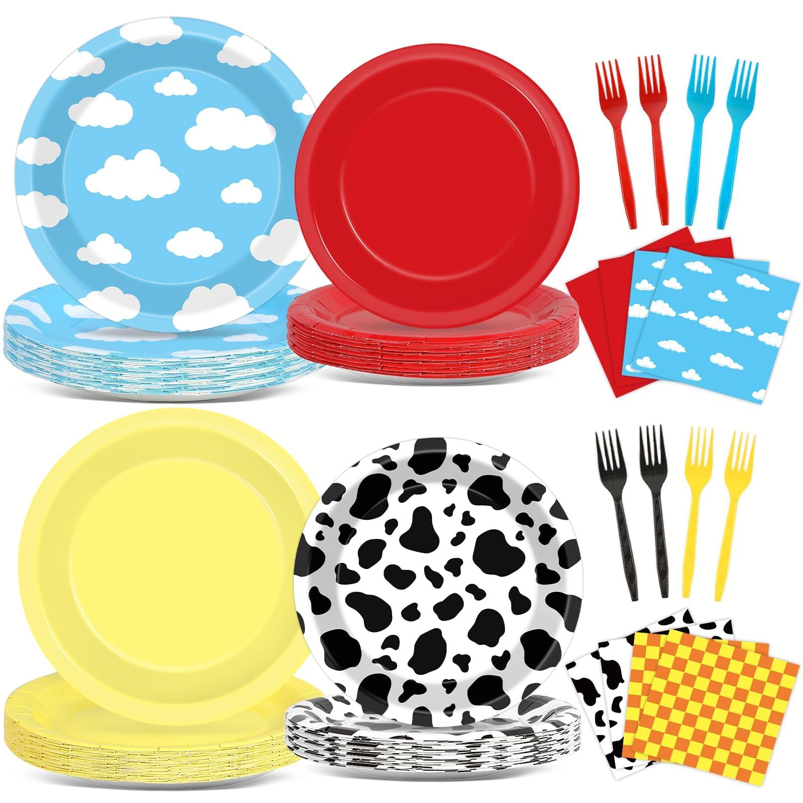 CHUNNIN 96PCS Cartoon Story Party Plates & Napkins – Toy-Inspired Tableware for 24 Guests