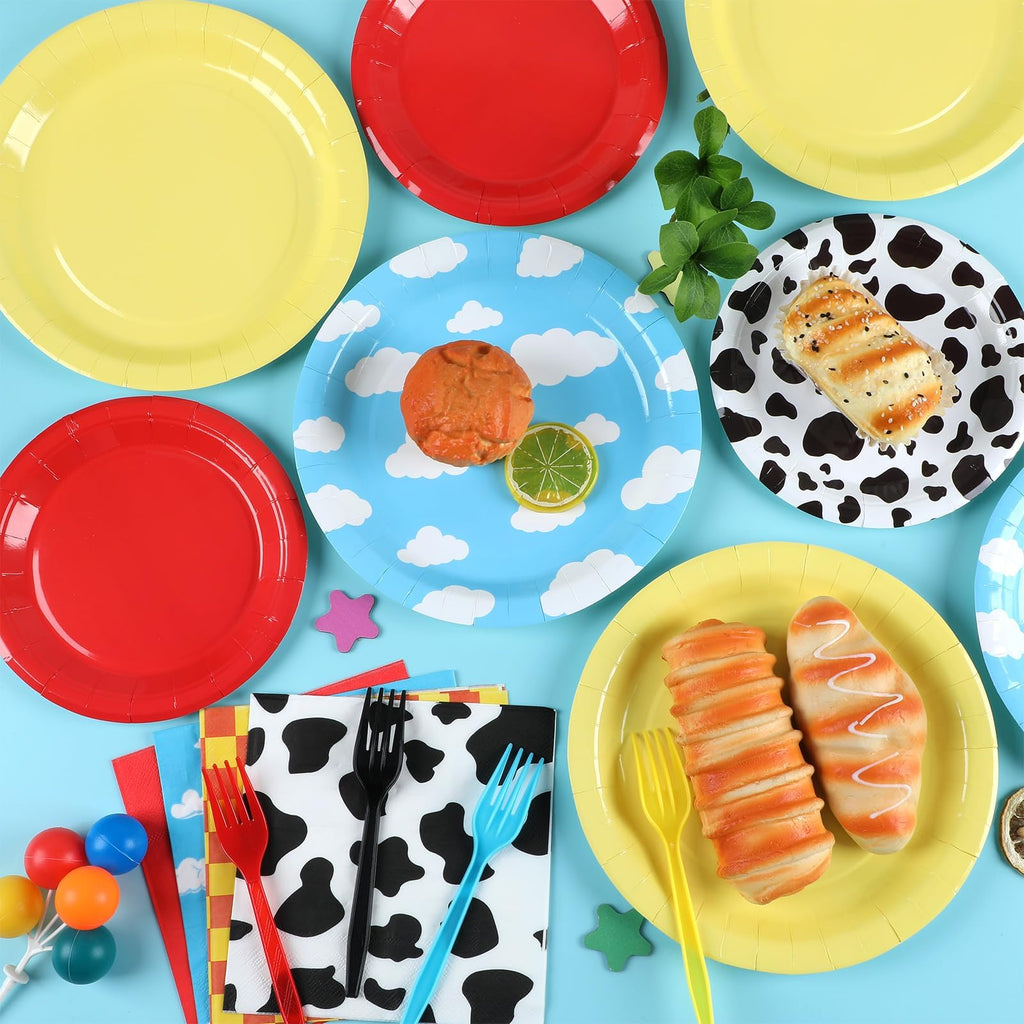 CHUNNIN 96PCS Cartoon Story Party Plates & Napkins – Toy-Inspired Tableware for 24 Guests