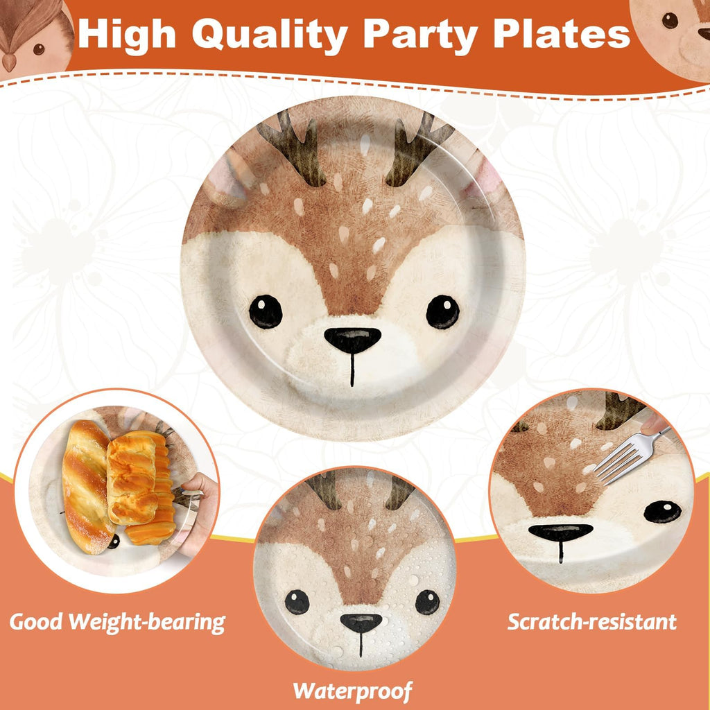 CHUNNIN 60Pcs Woodland Party Plates – 7-Inch Disposable Forest Creature Dinnerware for Baby Showers & Parties