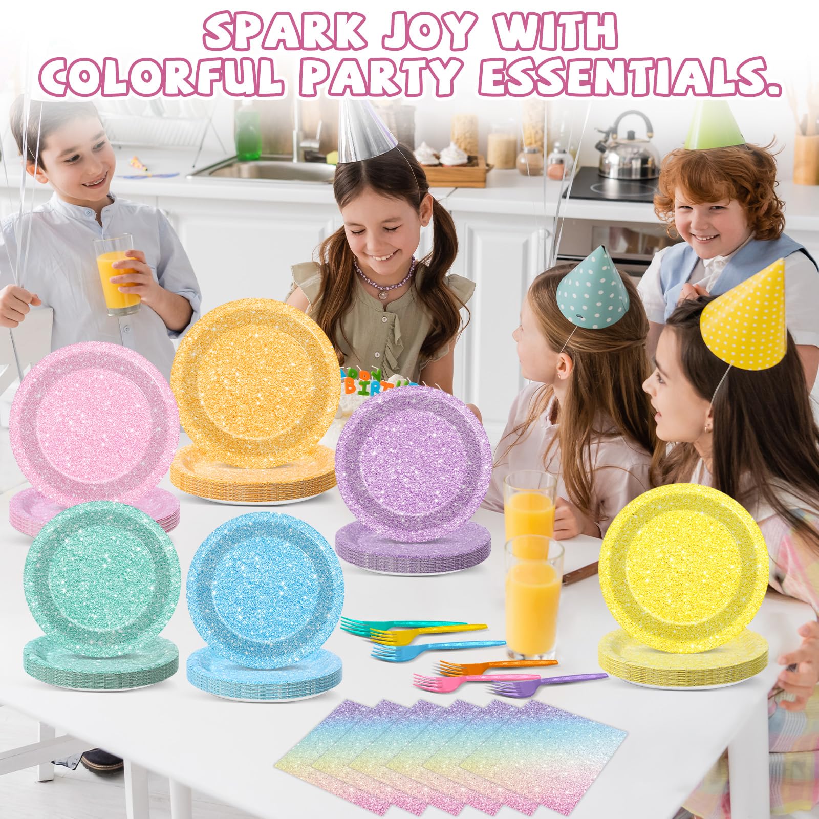 CHUNNIN 96-Piece Pastel Rainbow Party Set: Plates, Napkins & Forks for 24 Guests – Colorful Birthday & Baby Shower Decor