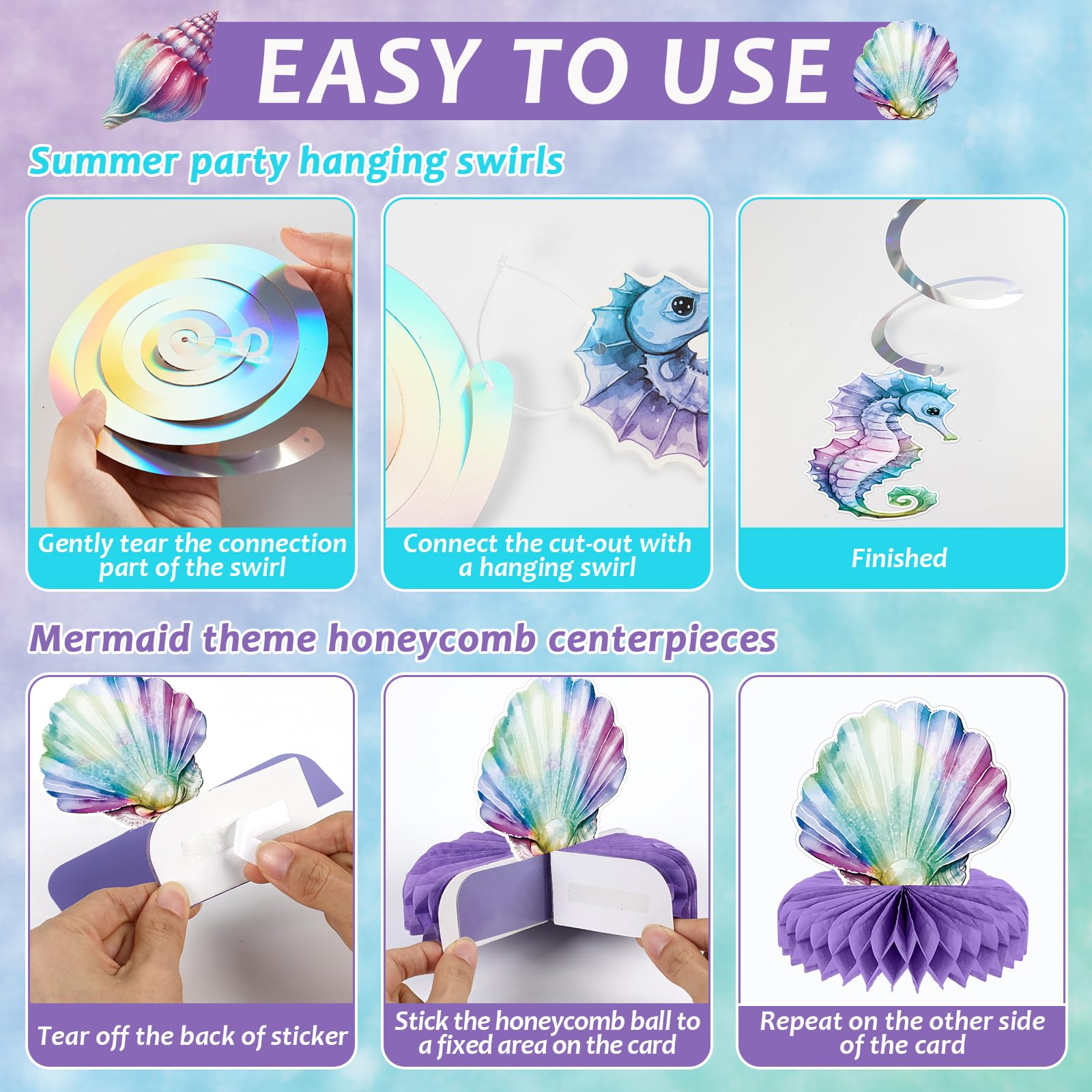 CHUNNIN Mermaid Birthday Decorations Kit — Ocean Mermaid Centerpieces, Hanging Swirls & Banner