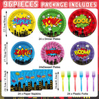 CHUNNIN 96Pcs Super Theme Hero Party Plates Napkins Forks Set for 24 Guests