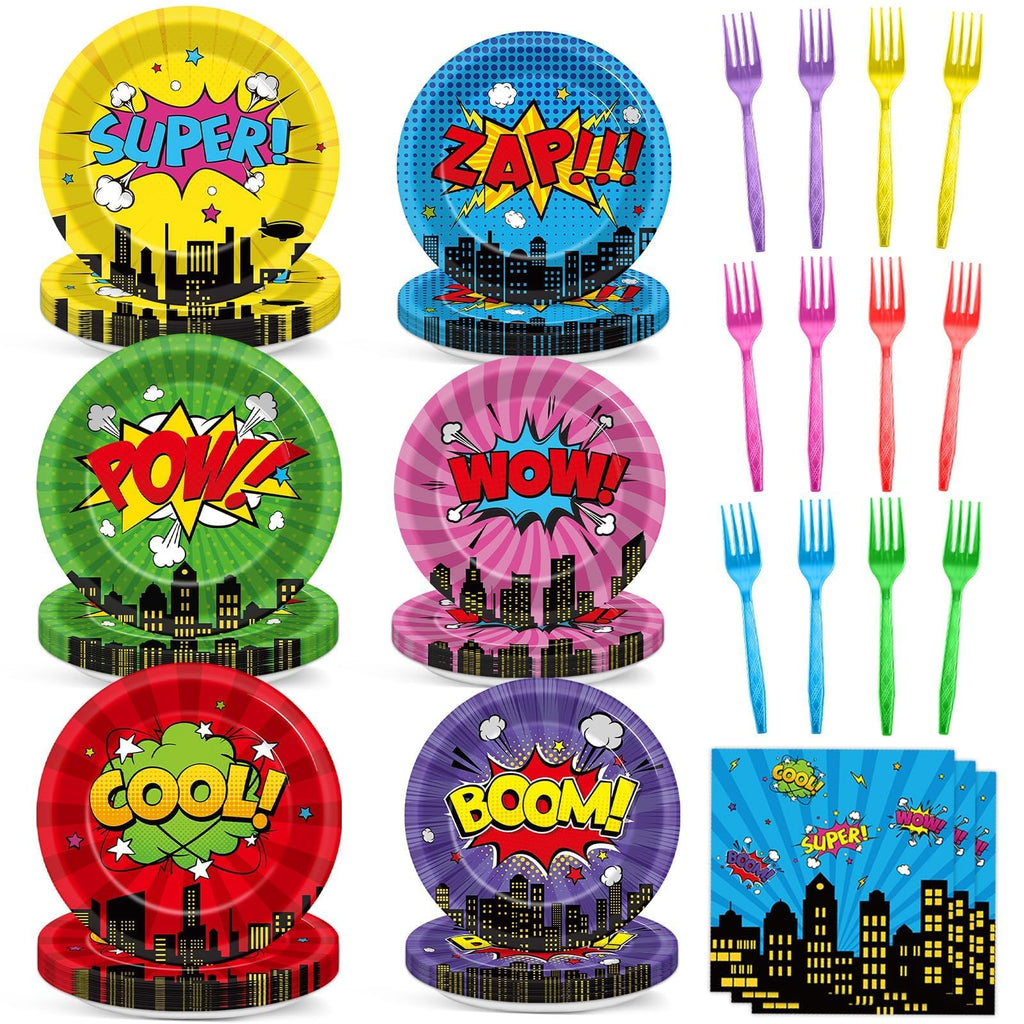 CHUNNIN 96Pcs Super Theme Hero Party Plates Napkins Forks Set for 24 Guests