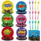 CHUNNIN 96Pcs Super Theme Hero Party Plates Napkins Forks Set for 24 Guests
