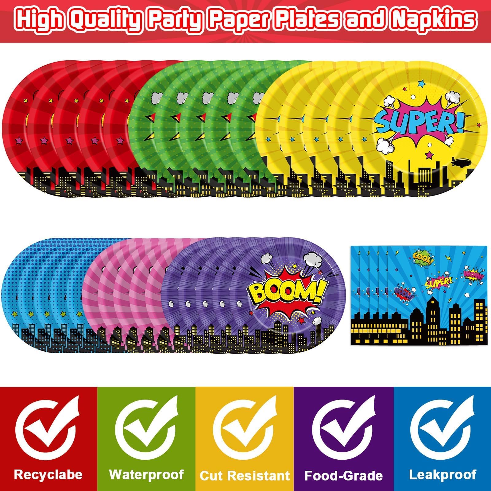 CHUNNIN 96Pcs Super Theme Hero Party Plates Napkins Forks Set for 24 Guests
