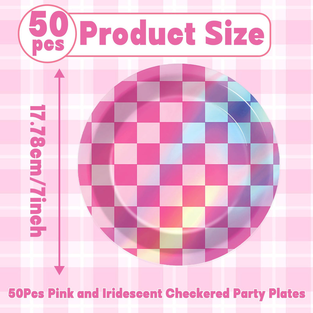 CHUNNIN 50-Pack Pink Iridescent Checkered 7-Inch Party Plates