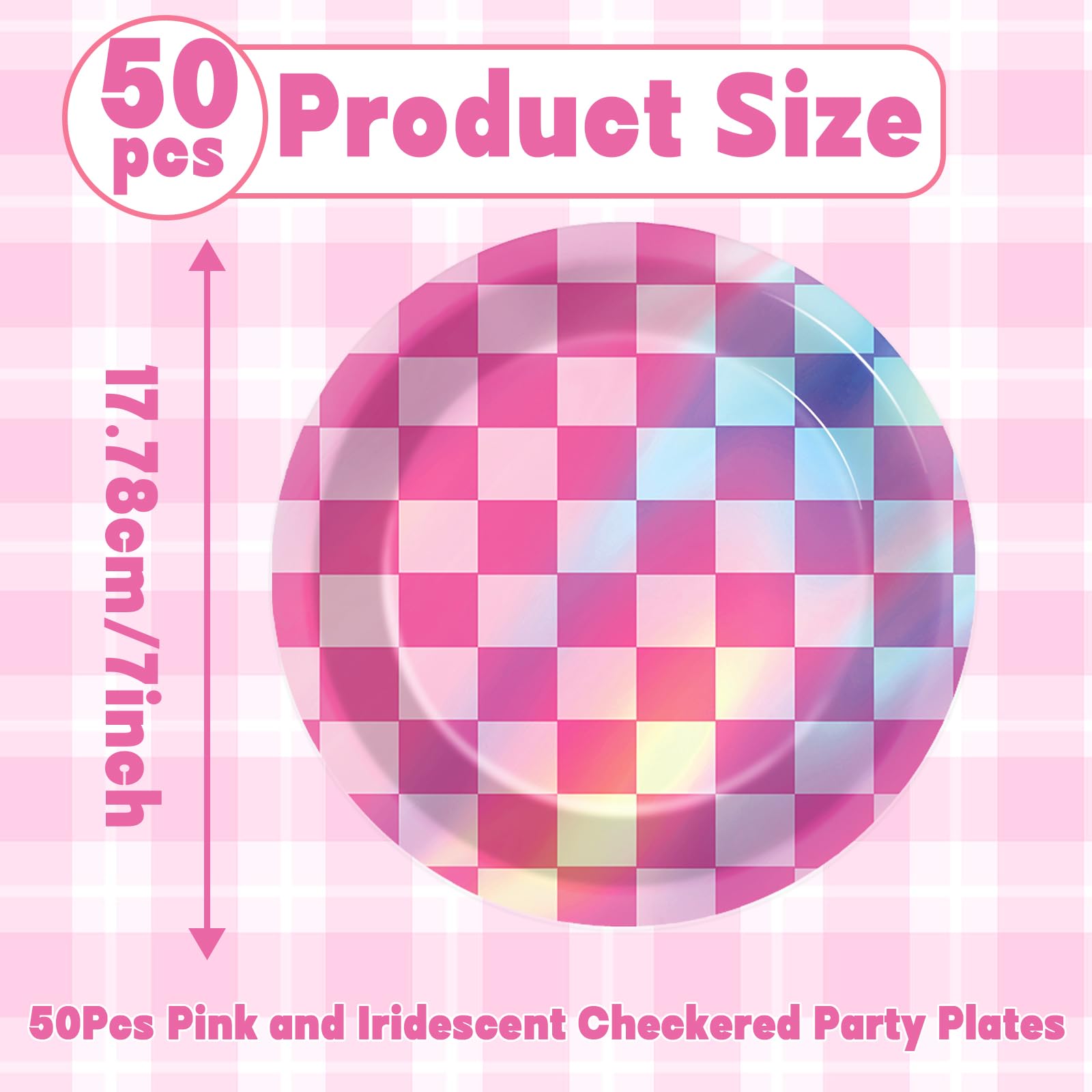 CHUNNIN 50-Pack Pink Iridescent Checkered 7-Inch Party Plates