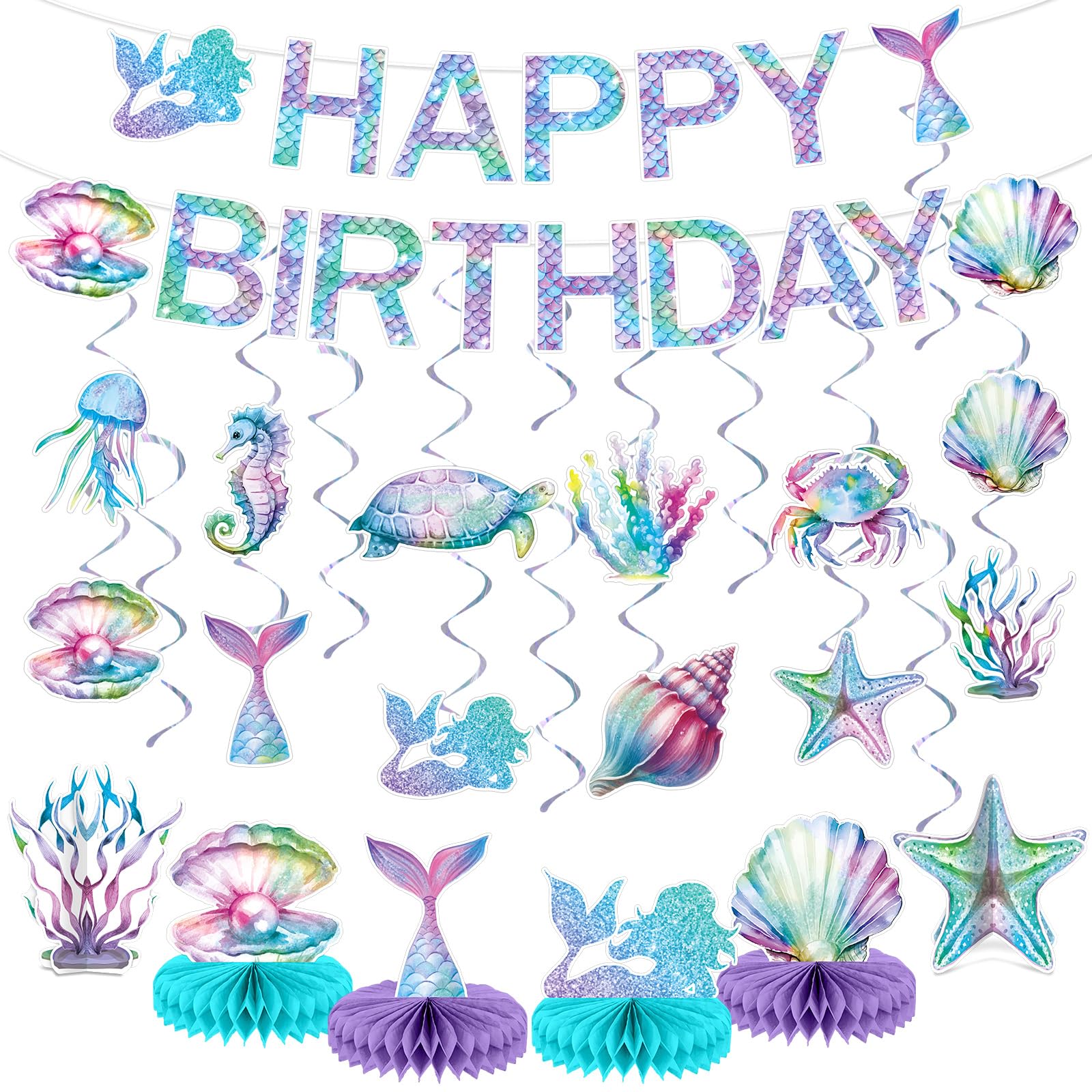 CHUNNIN Mermaid Birthday Decorations Kit — Ocean Mermaid Centerpieces, Hanging Swirls & Banner