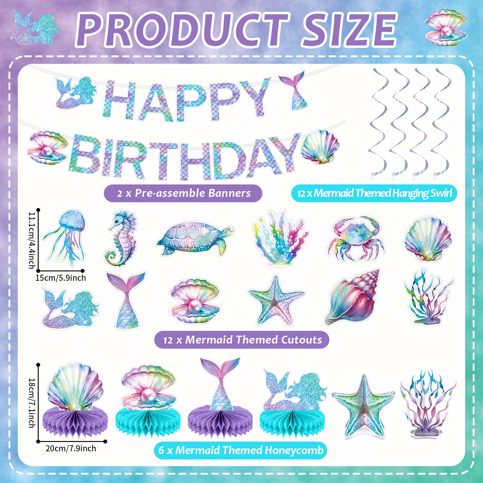 CHUNNIN Mermaid Birthday Decorations Kit — Ocean Mermaid Centerpieces, Hanging Swirls & Banner