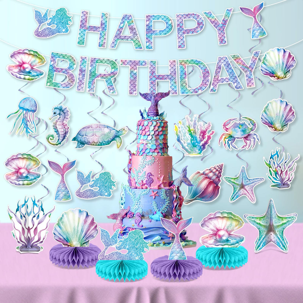 CHUNNIN Mermaid Birthday Decorations Kit — Ocean Mermaid Centerpieces, Hanging Swirls & Banner