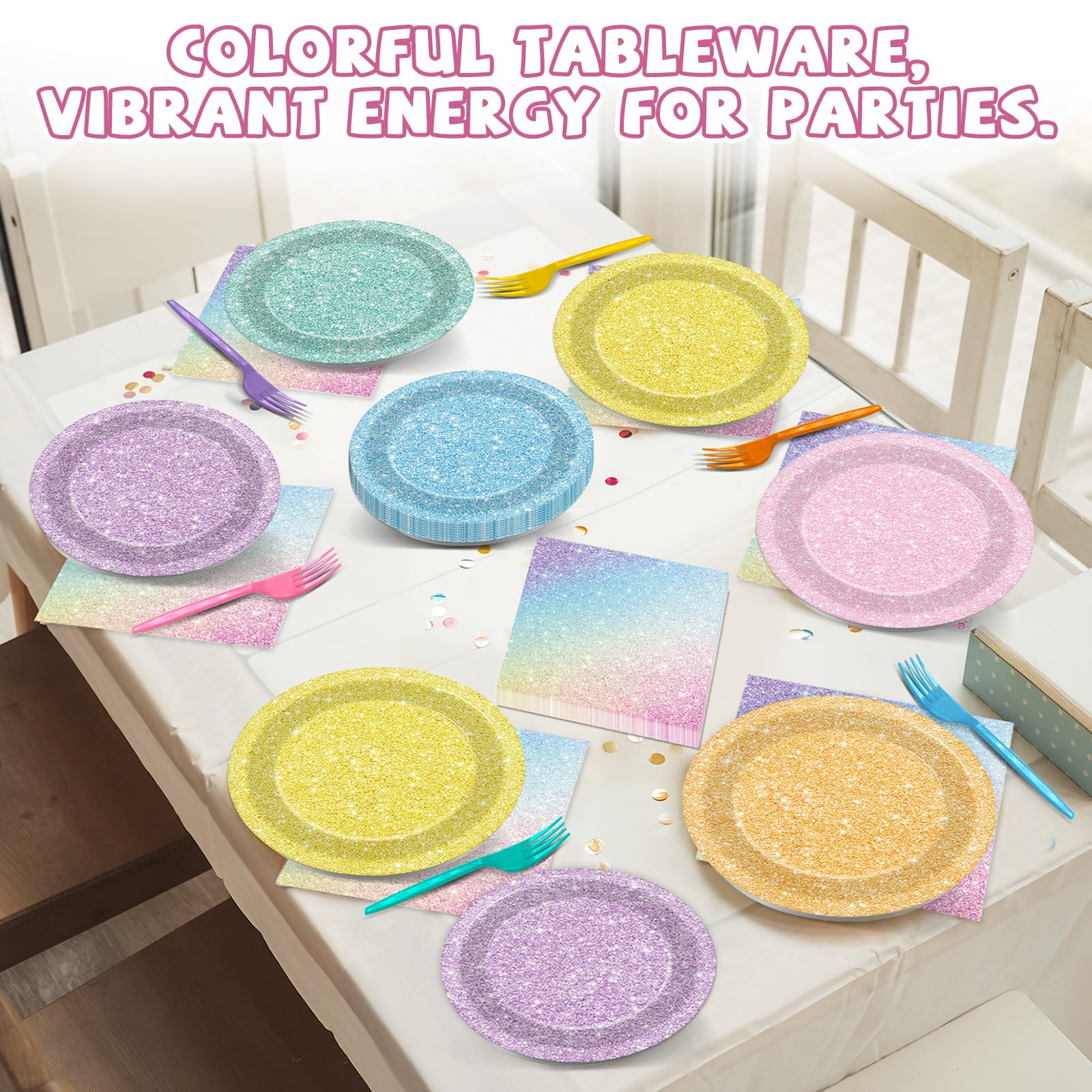 CHUNNIN 96-Piece Pastel Rainbow Party Set: Plates, Napkins & Forks for 24 Guests – Colorful Birthday & Baby Shower Decor