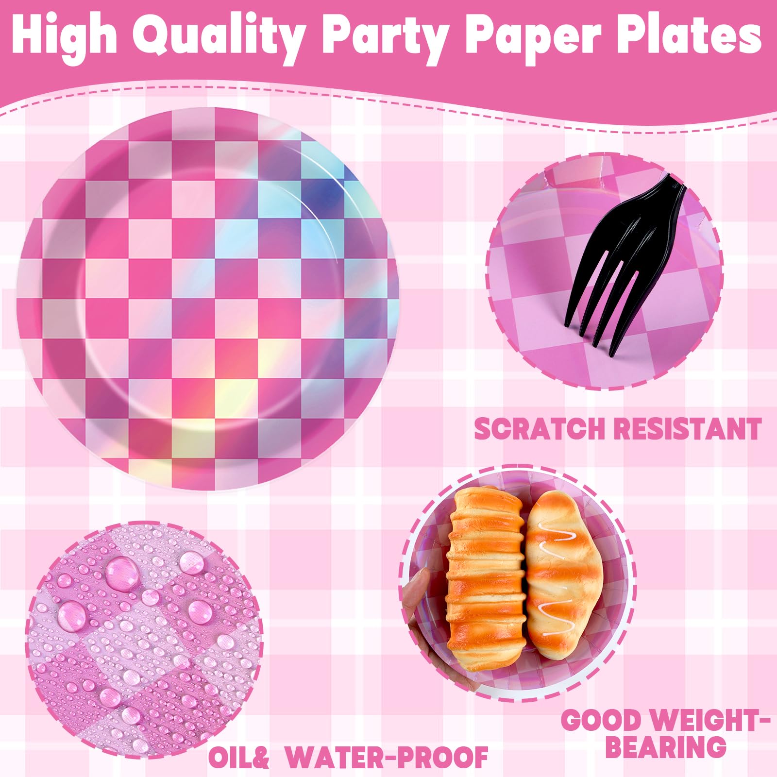 CHUNNIN 50-Pack Pink Iridescent Checkered 7-Inch Party Plates