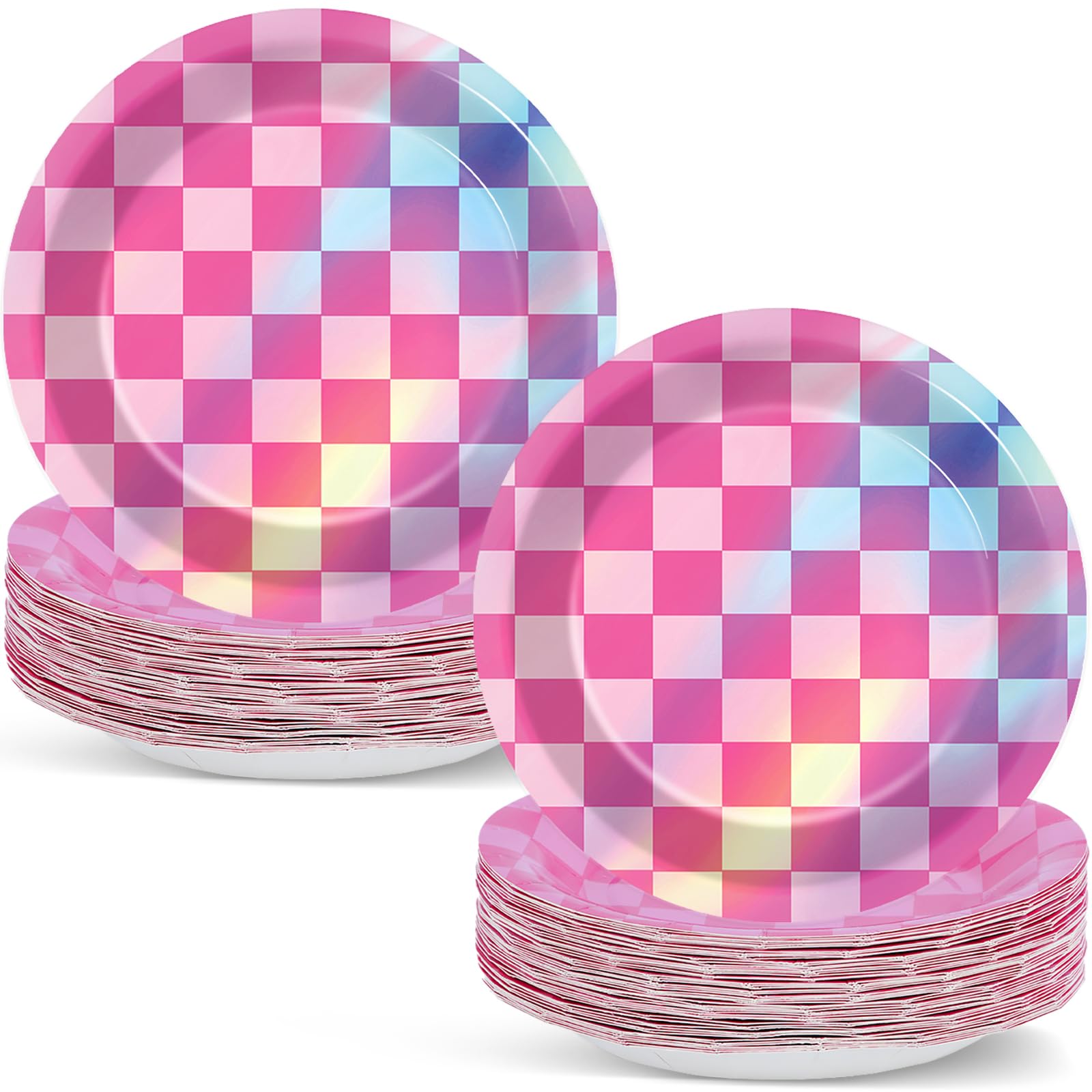 CHUNNIN 50-Pack Pink Iridescent Checkered 7-Inch Party Plates