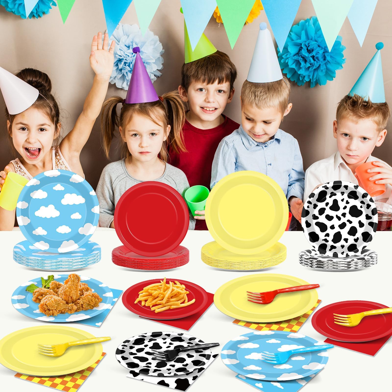 CHUNNIN 96PCS Cartoon Story Party Plates & Napkins – Toy-Inspired Tableware for 24 Guests